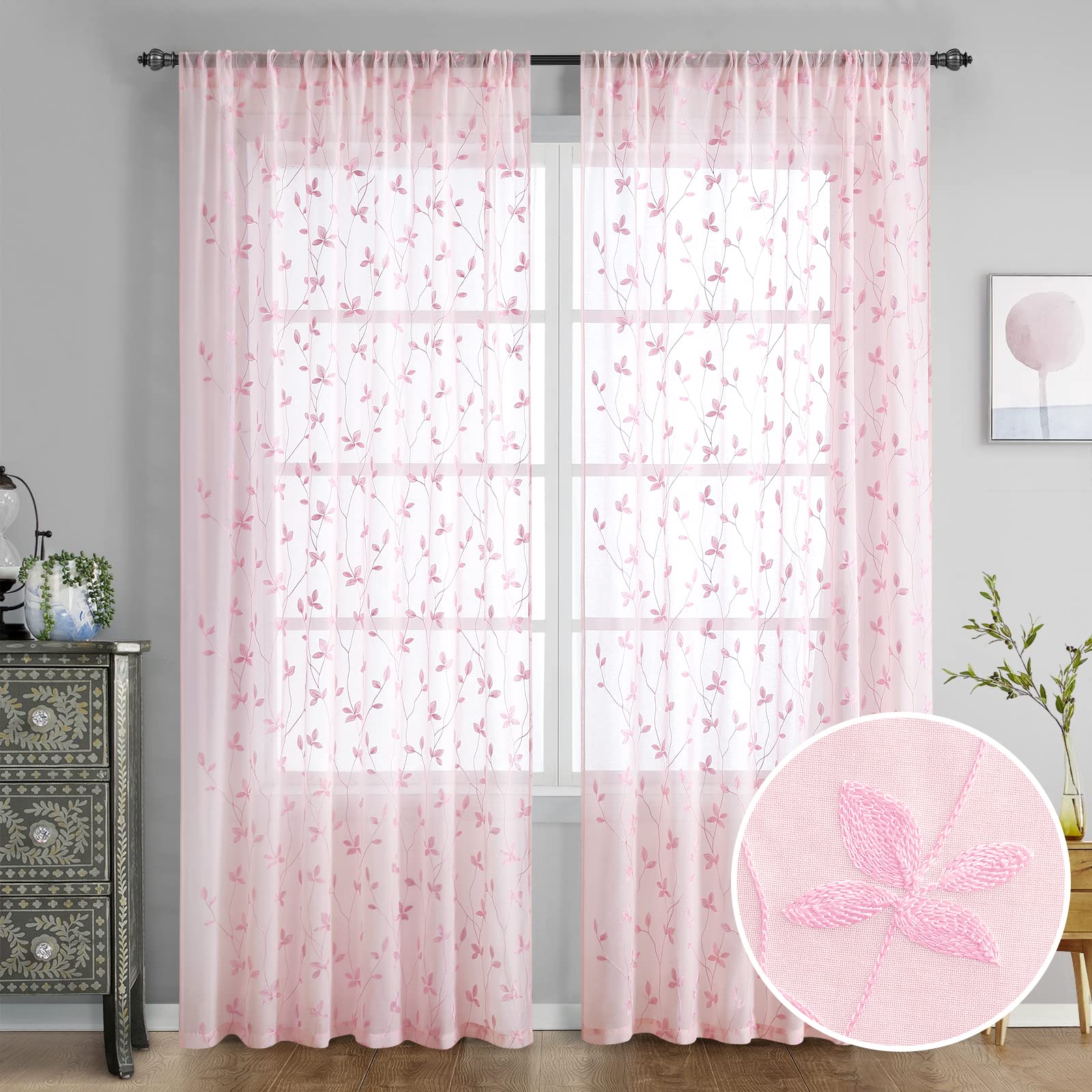 Homeideas Pink Sheer Curtains 52 X 84 Inches Length 2 Panels Embroidered Vine Floral Pattern Pocket Faux Linen Semi Sheer Voile
